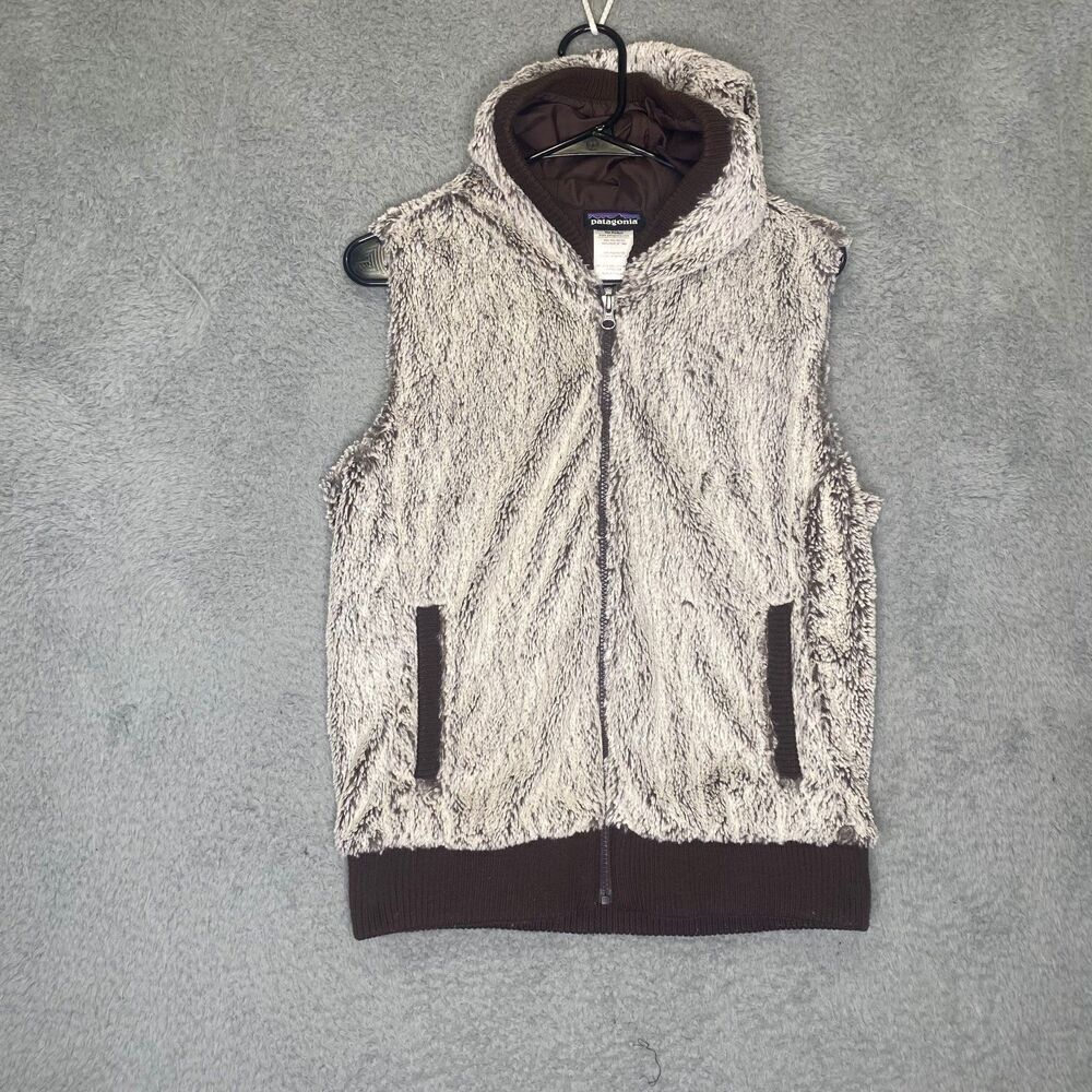 Patagonia Womens faux fur vest hood outerwear full zip pocket winter layering M - Picture 2 of 9